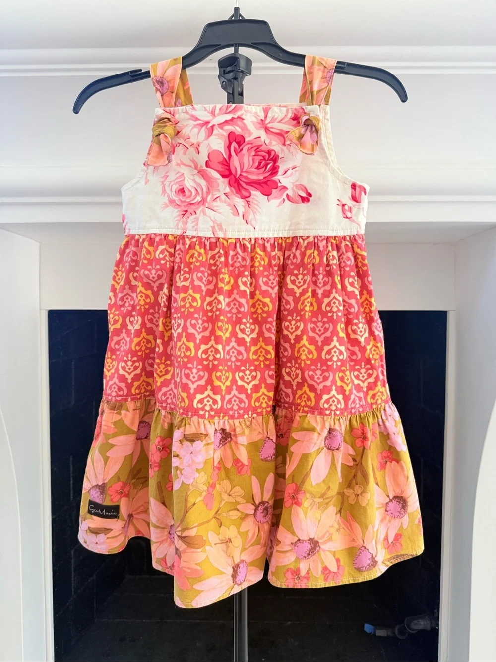 Girls Pink Floral Tiered Summer Dress with Yellow Accents